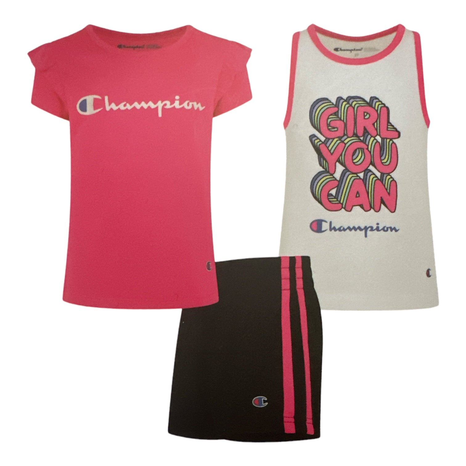 Champion Girl S 3 Piece Polyester Tee Cotton Tank & Short Set (Knockout Pink/White/Black 18M) - Bellso